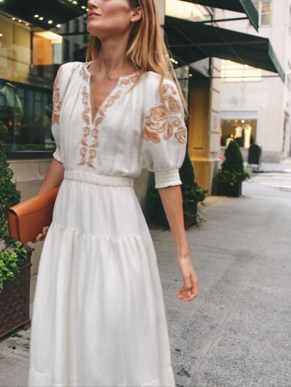 Cartolina Lizette Linen Blend Embroidered Belted Puff Sleeve Ivory Midi Dress M - Picture 2 of 16